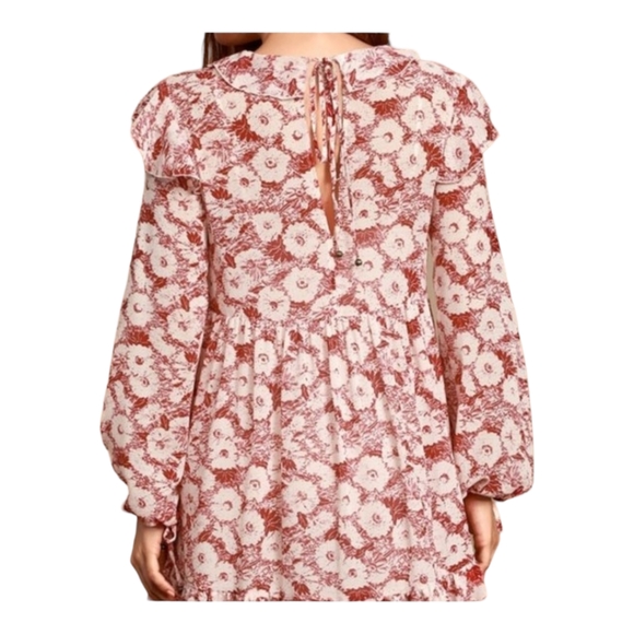 Free People These Dreams Red Floral Print Pleated Long Sleeve Mini Dress Size XS - Picture 4 of 16